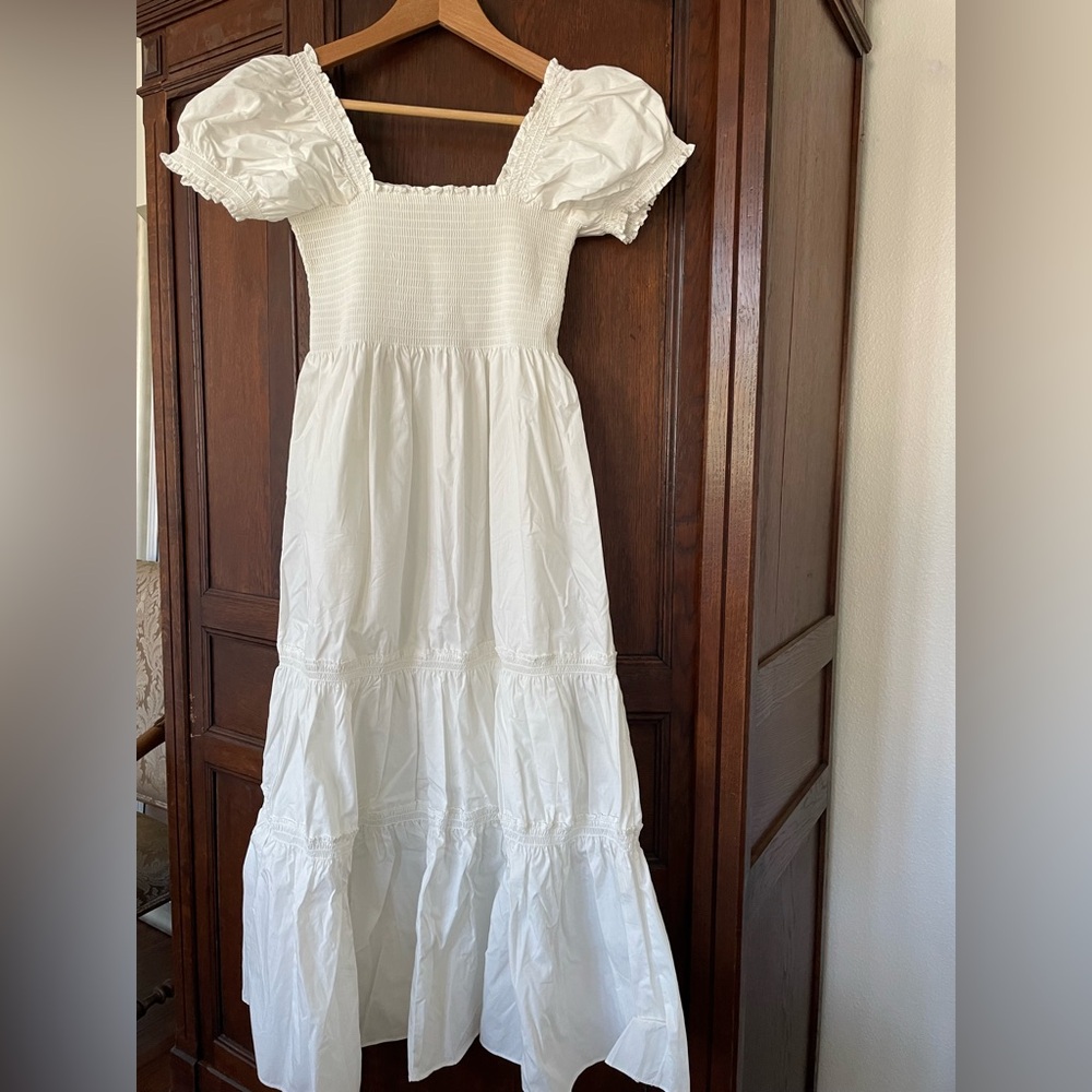 LG OPT: Cotton Midi Dress Square Neck White Puff Short Sleeve Tiered NWT New!